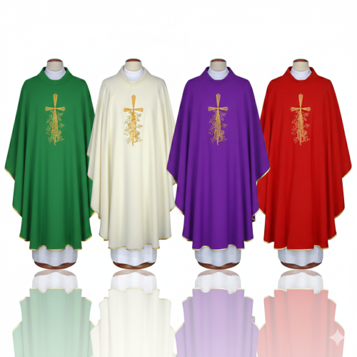 Ornat z haftem krzyża i ornamentem – 4 kolory liturgiczne