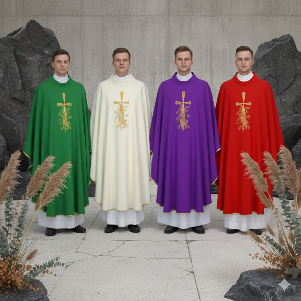 Ornat z haftem krzyża i ornamentem – 4 kolory liturgiczne