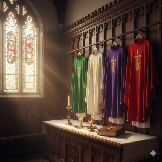 Ornat z haftem krzyża i ornamentem – 4 kolory liturgiczne