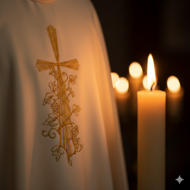 Ornat z haftem krzyża i ornamentem – 4 kolory liturgiczne