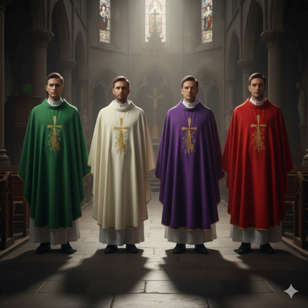 Ornat z haftem krzyża i ornamentem – 4 kolory liturgiczne