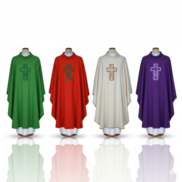 Ornat z nowoczesnym haftem krzyża – tkanina lniana (4 kolory)