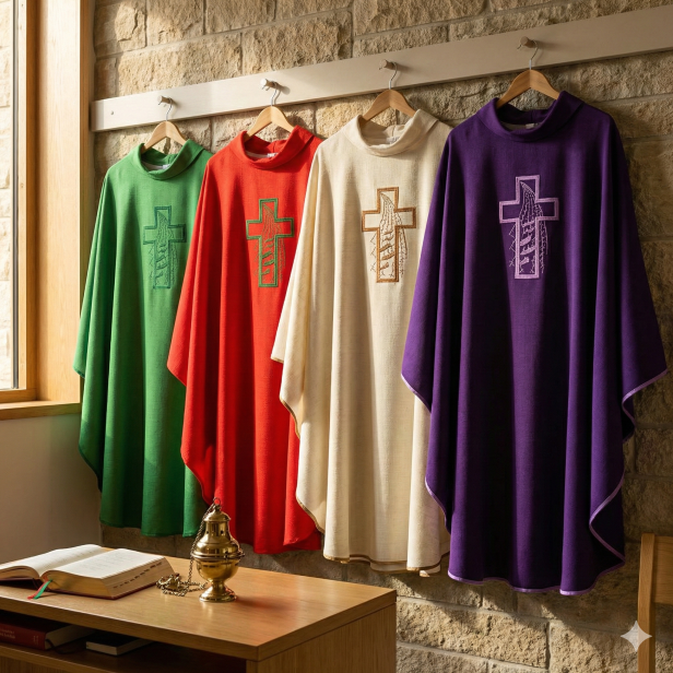 Ornat z nowoczesnym haftem krzyża – tkanina lniana (4 kolory)