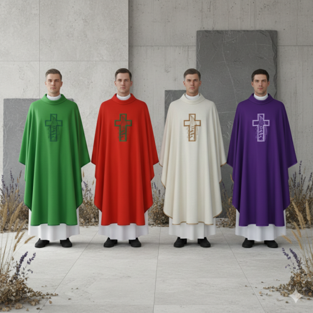 Ornat z nowoczesnym haftem krzyża – tkanina lniana (4 kolory)