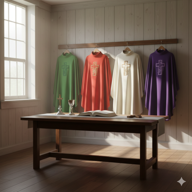 Ornat z nowoczesnym haftem krzyża – tkanina lniana (4 kolory)