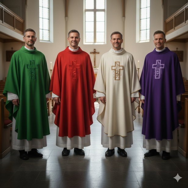 Ornat z nowoczesnym haftem krzyża – tkanina lniana (4 kolory)