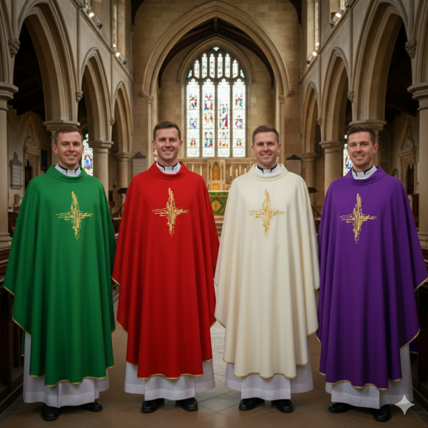 Ornat z promienistym haftem krzyża – 4 kolory liturgiczne