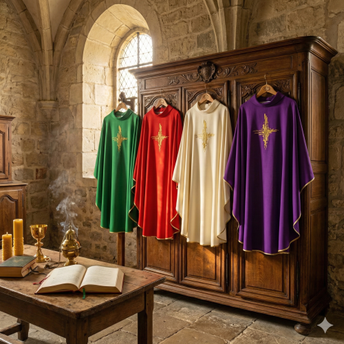 Ornat z promienistym haftem krzyża – 4 kolory liturgiczne