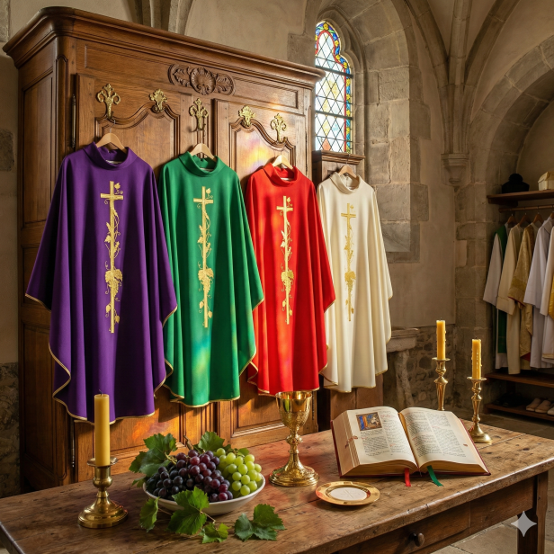 Ornat z haftem krzyża i motywem winnego grona – 4 kolory