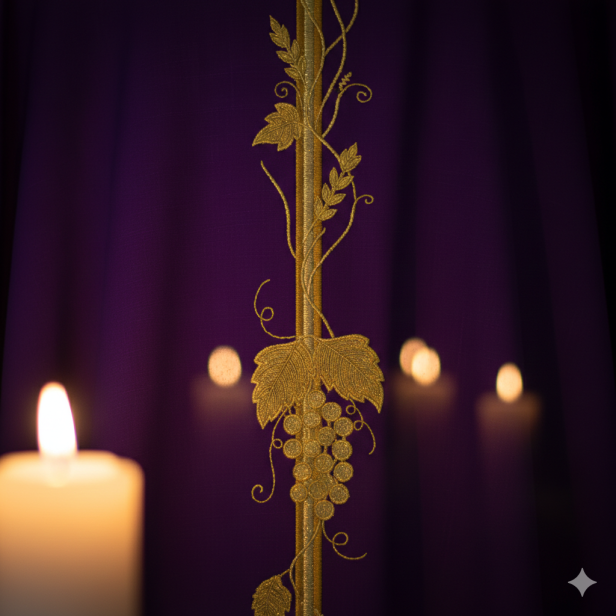 Ornat z haftem krzyża i motywem winnego grona – 4 kolory