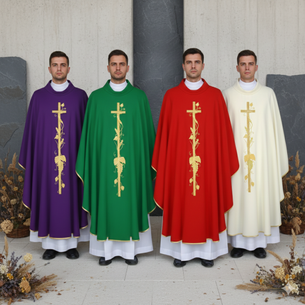 Ornat z haftem krzyża i motywem winnego grona – 4 kolory