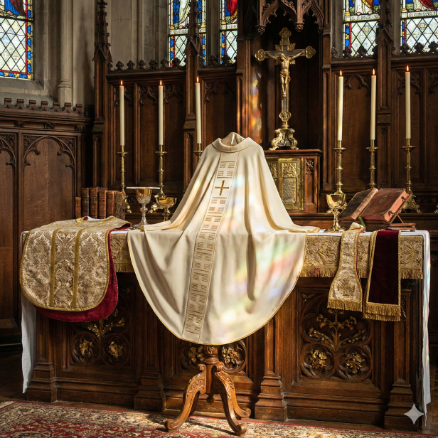 Ornat z pionowym pasem haftowanym – styl geometryczny