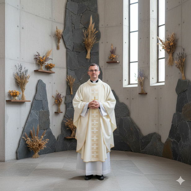 Ornat z pionowym pasem haftowanym – styl geometryczny