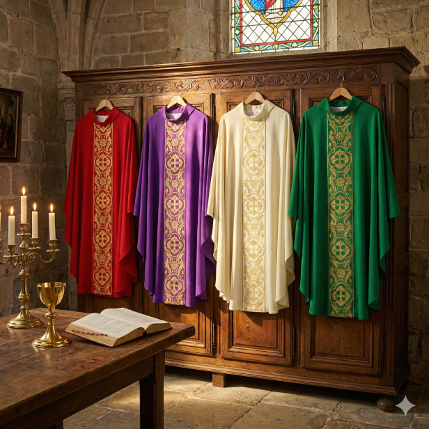 Ornat brokatowy w kolorze starego złota z tkanym pasem – 5 kolorów