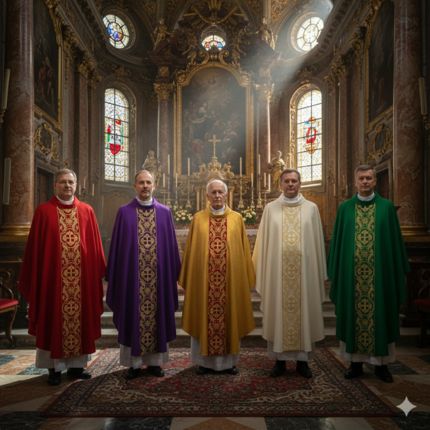 Ornat brokatowy w kolorze starego złota z tkanym pasem – 5 kolorów