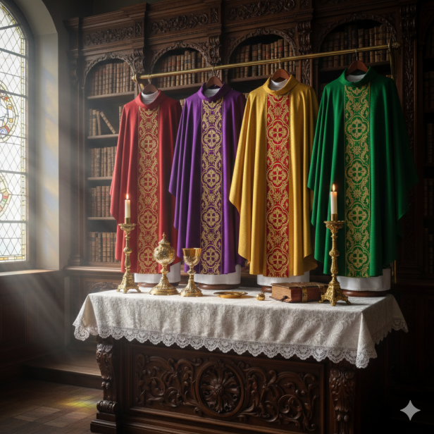 Ornat brokatowy w kolorze starego złota z tkanym pasem – 5 kolorów