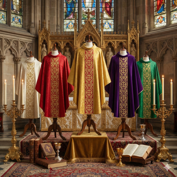 Ornat brokatowy w kolorze starego złota z tkanym pasem – 5 kolorów