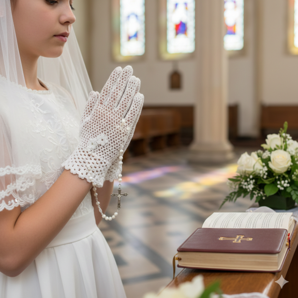 Pełne Rękawiczki Komunijne z koronki koniakowskiej – klasyczny wzór kwiatowy | Linia KONIAKÓW™