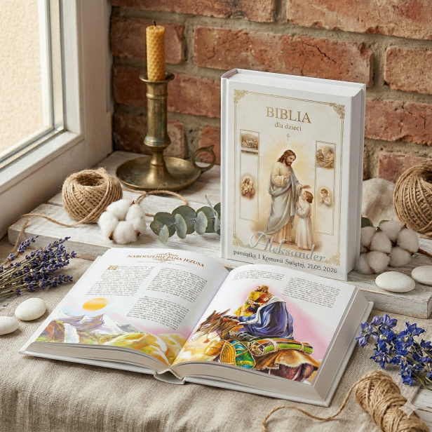 Biblia komunijna z personalizacją – Biblia dla dzieci | Biała oprawa | Pamiątka I Komunii Świętej