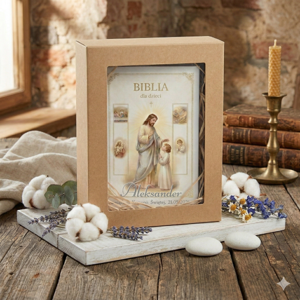 Biblia komunijna z personalizacją – Biblia dla dzieci | Biała oprawa | Pamiątka I Komunii Świętej