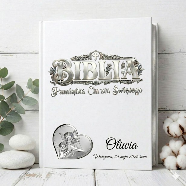Biblia na Chrzest Święty z personalizacją – Ekoskóra | Emblemat srebrny AG999 Anioł Stróż | Edycja Kolekcjonerska