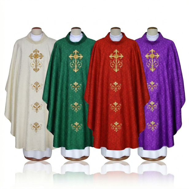 Ornat adamaszkowy z haftem krzyża – 4 kolory liturgiczne