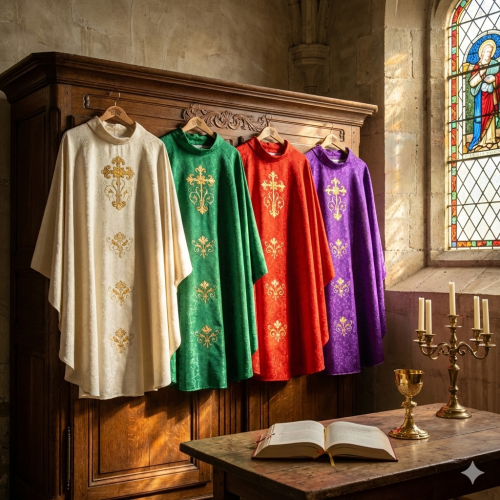 Ornat adamaszkowy z haftem krzyża – 4 kolory liturgiczne