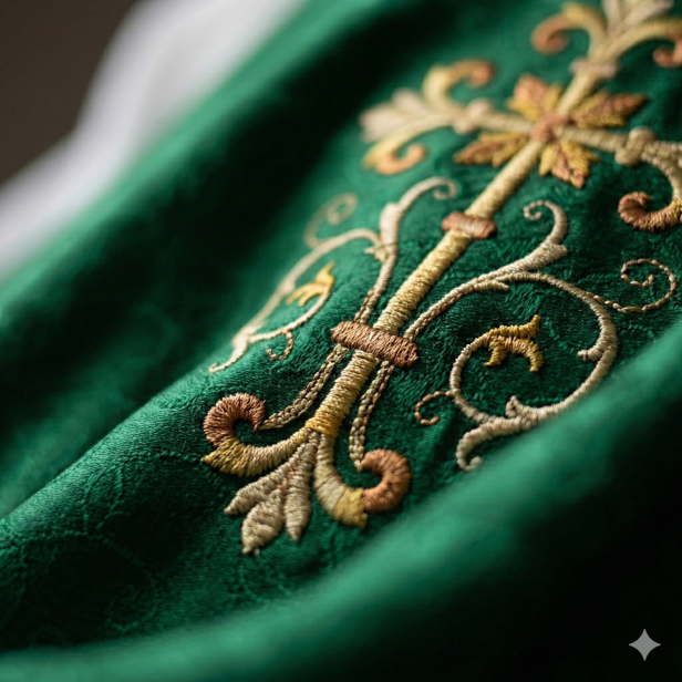 Ornat adamaszkowy z haftem krzyża – 4 kolory liturgiczne