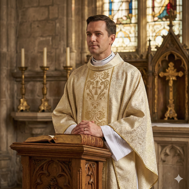 Ornat brokatowy jasne złoto z tkanym pasem – model uroczysty