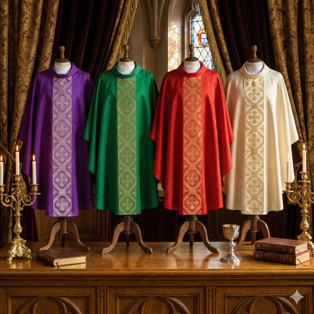 Ornat adamaszkowy z eleganckim tkanym pasem – 4 kolory