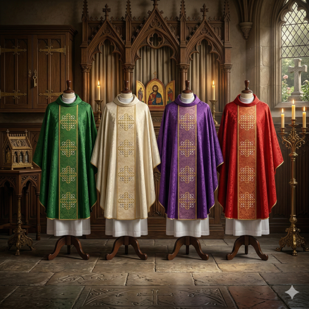 Ornat z nowoczesnym haftem na ozdobnym pasie – 4 kolory