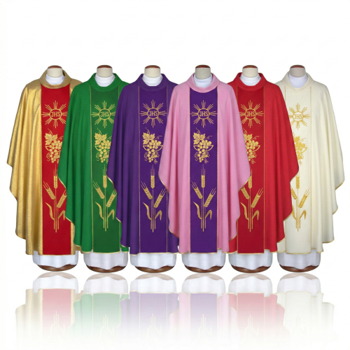 Ornat z haftem IHS i motywem eucharystycznym – 6 kolorów liturgicznych