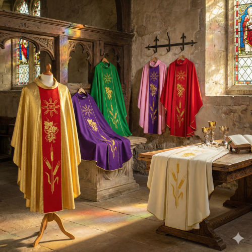 Ornat z haftem IHS i motywem eucharystycznym – 6 kolorów liturgicznych