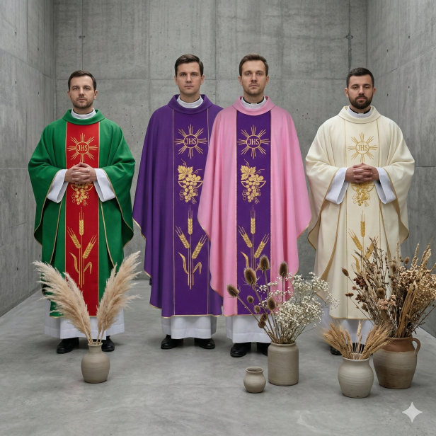 Ornat z haftem IHS i motywem eucharystycznym – 6 kolorów liturgicznych