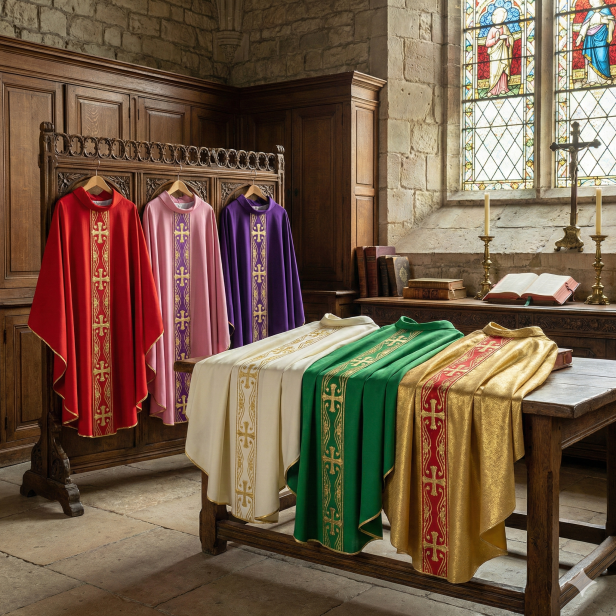 Ornat z tkanym pasem krzyżowym | 6 kolorów liturgicznych