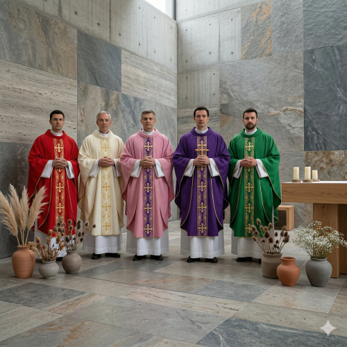 Ornat z tkanym pasem krzyżowym | 6 kolorów liturgicznych