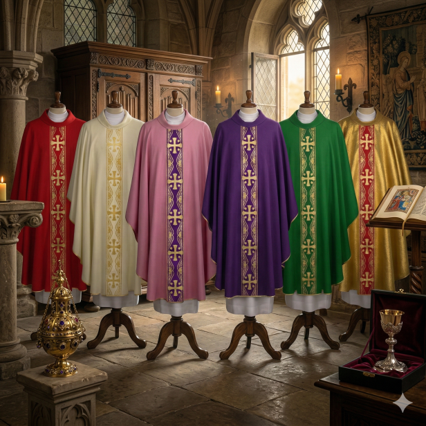 Ornat z tkanym pasem krzyżowym | 6 kolorów liturgicznych