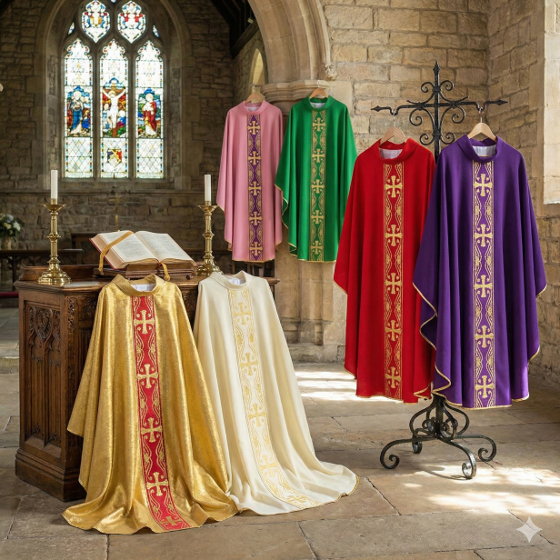 Ornat z tkanym pasem krzyżowym | 6 kolorów liturgicznych