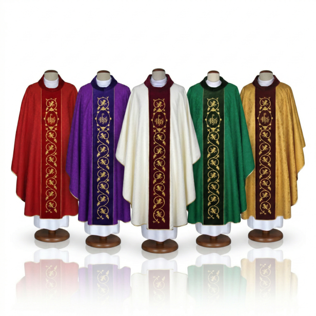 Ornat adamaszkowy z aksamitnym pasem i bogatym haftem | 5 kolorów