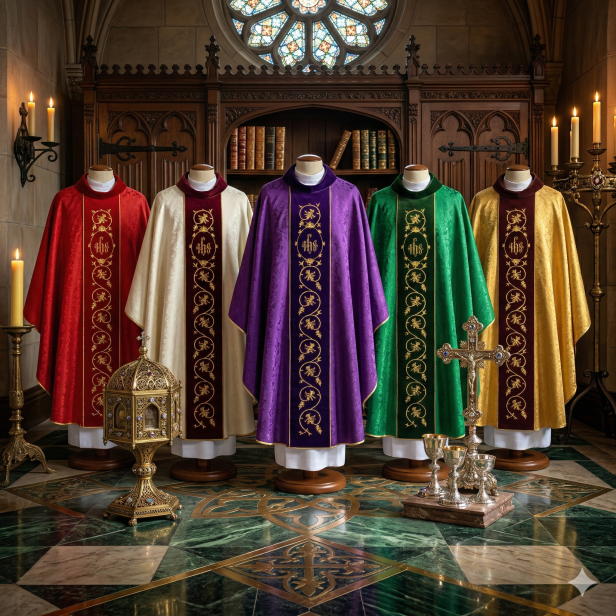 Ornat adamaszkowy z aksamitnym pasem i bogatym haftem | 5 kolorów