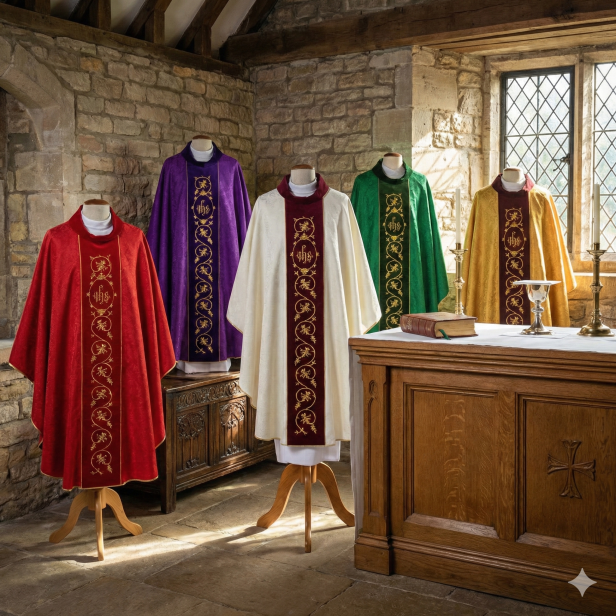 Ornat adamaszkowy z aksamitnym pasem i bogatym haftem | 5 kolorów