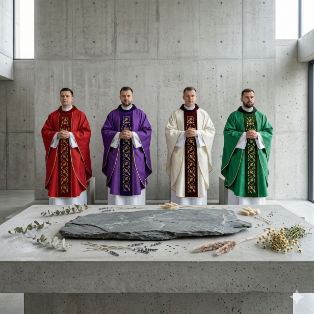 Ornat adamaszkowy z aksamitnym pasem i bogatym haftem | 5 kolorów