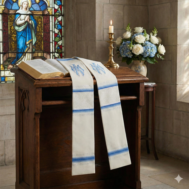 Stuła Maryjna haftowana – symbol M | kolor ecru z błękitem