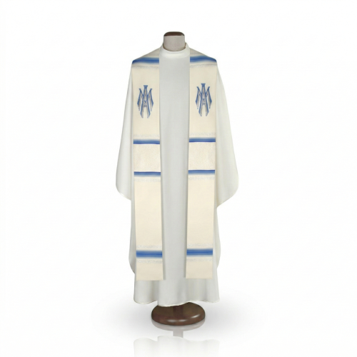 Stuła Maryjna haftowana – symbol M | kolor ecru z błękitem