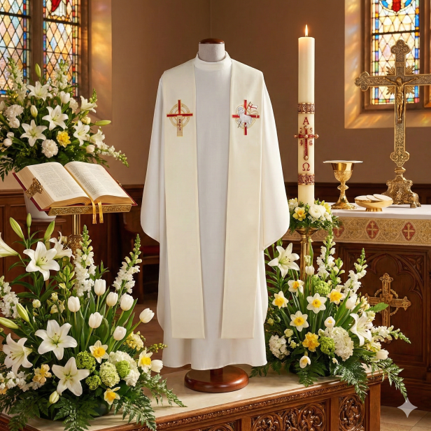Stuła kapłańska haftowana – symbol Zmartwychwstania | ecru