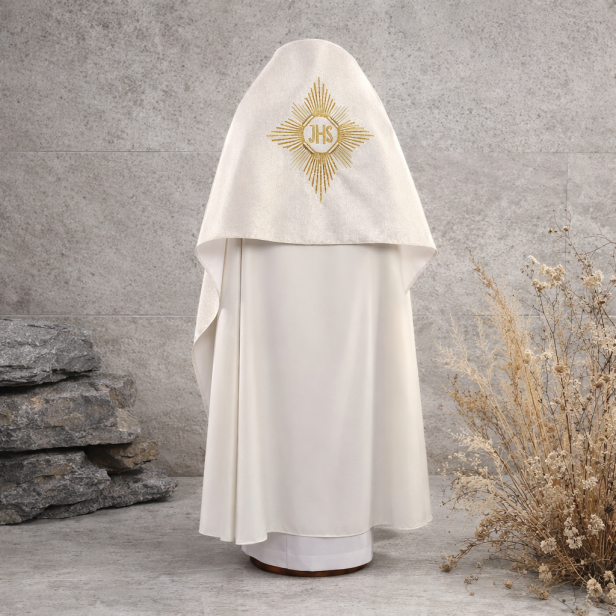 Welon eucharystyczny z haftem IHS – naramienny | ecru złoty