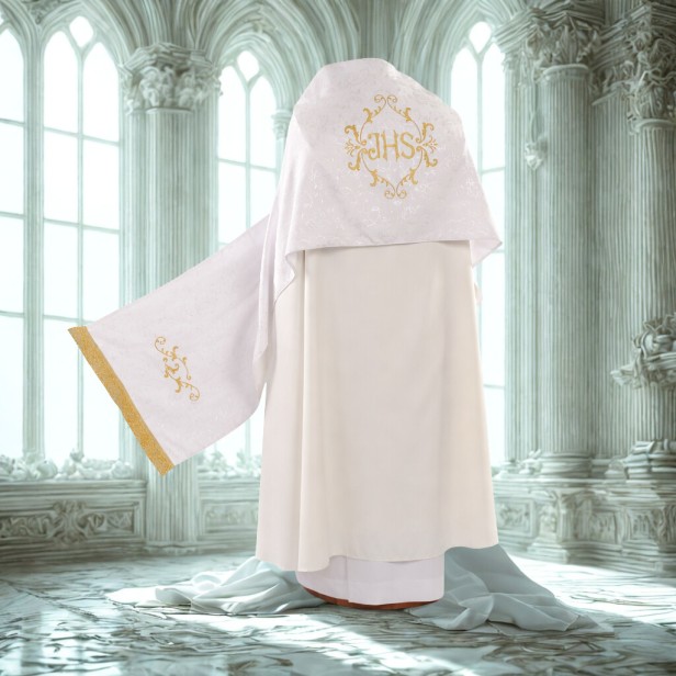 Welon eucharystyczny haftowany – model ornamentowy | ecru złoty