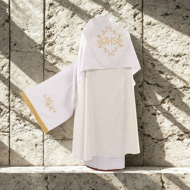 Welon eucharystyczny haftowany – model ornamentowy | ecru złoty