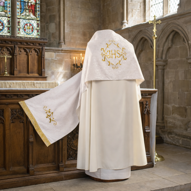 Welon eucharystyczny haftowany – model ornamentowy | ecru złoty