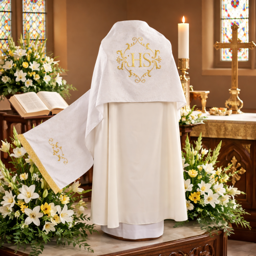 Welon eucharystyczny haftowany – model ornamentowy | ecru złoty